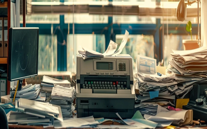 Traditional fax machine next to pile of paperwork to represent how online faxing is a better option